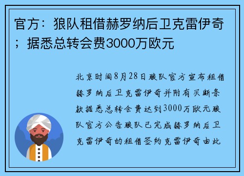 官方：狼队租借赫罗纳后卫克雷伊奇；据悉总转会费3000万欧元